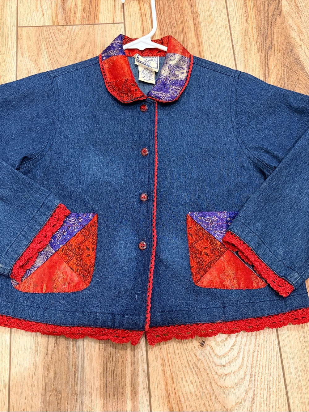 Blue Denim Vintage Jacket  with Red Crochet Trim and Colorful Patch Pockets